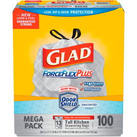 Clorox 70427 Glad® ForceFlex Tall Kitchen Drawstring Trash Bags - White, 13 Gal, 0.9 Mil, 100/Box - 70427 image.