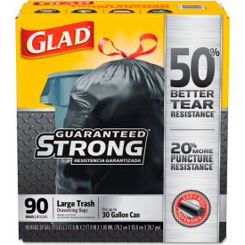United Stationers Supply 78952 Glad® Drawstring Large Trash Bags, 30 Gal, 1.05 mil, 30" x 33", Black, 90/Case image.