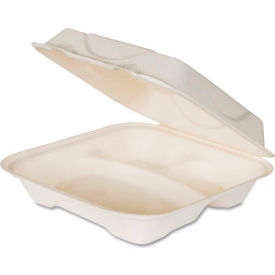 United Stationers Supply EP-HC93 Hinged Lid Compostable Sugarcane Fiber Containers 9" x 9" x 3" White 3 Compartments - 200 Pack image.