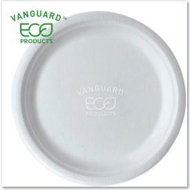 United Stationers Supply EP-P005NFA Eco-Products® Vanguard Renewable & Compostable Sugarcane Plates, 10" Dia., White, Pack of 500 image.