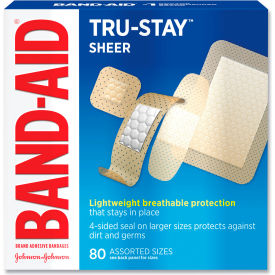 United Stationers Supply 111713400 Band-Aid® Tru-Stay Sheer Strips Adhesive Bandages, Assorted Sizes, Beige, Pack of 80 image.