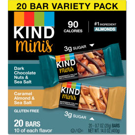 United Stationers Supply 27964 Kind® Minis, Dark Chocolate Nuts & Sea Salt/Caramel Almond & Sea Salt, 0.7 oz, Pack of 20 image.