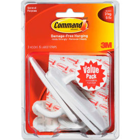 3M Command General Purpose Hooks Value Pack, Large, 5lb Cap, White, 3 Hooks & 6 Strips/Pack