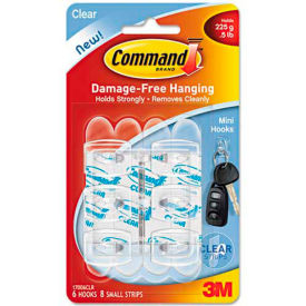 3M Command Clear Hooks and Strips, Plastic, Mini, 6 Hooks with 8 Adhesive Strips per Pack