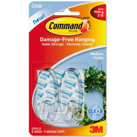 3M Command Clear Hooks and Strips, Plastic, Medium, 2 Hooks with 4 Adhesive Strips per Pack