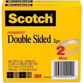 3m 6652P1236 Scotch® 665 Double-Sided Tape, 1/2" x 1296", 3" Core, Transparent, 2/Pack image.
