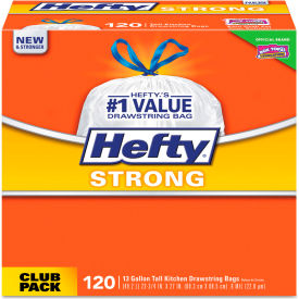 United Stationers Supply E84562 Hefty® Strong Tall Kitchen Drawstring Bags, 13 Gal, 0.9 mil, White, 120/Box image.