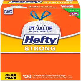 United Stationers Supply E8-4562 Hefty® Strong Tall Kitchen Drawstring Bags, 13 Gal, 0.9 mil, White, 360/Case image.