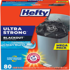 United Stationers Supply PCTE88352 Hefty® Ultra Strong BlackOut Tall-Kitchen Drawstring Bags, 13 gal, 0.9 mil, Black, 80/Box image.