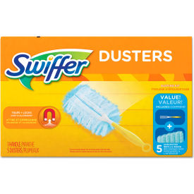 United Stationers Supply 11804 Swiffer® Dusters Starter Kit, Dust Lock Fiber, 6" Handle, Blue/Yellow, 6/Case image.