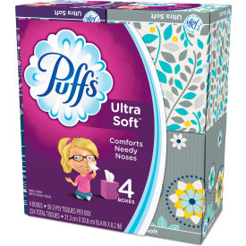 United Stationers Supply 35295PK Puffs® Ultra Soft Facial Tissue, 2-Ply, White, 56 Sheets/Box, 4 Boxes/Pack image.