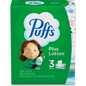 United Stationers Supply PGC39363 Puffs® Plus Lotion Facial Tissue, White, 2-Ply, 124/Box, 3 Box/Pack, 8 Packs/Carton image.