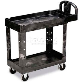 Rubbermaid Commercial Products FG450088BLA Rubbermaid® Plastic Utility Cart w/2 Shelves, 500 lb. Capacity, 39"L x 18"W x 33"H, Black image.