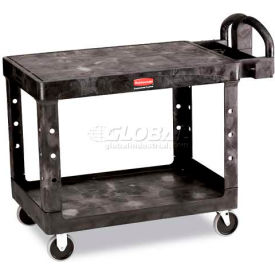 Rubbermaid Commercial Products FG452500BLA Rubbermaid® Plastic Flat Top Utility Cart, 2 Shelf, 44"Lx25"W, 5" Casters, Black image.