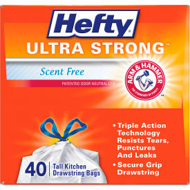 United Stationers Supply RFPE88338CT Hefty® Ultra Strong Tall Kitchen and Trash Bags, 13 gal, 0.9 mil, White, 40/Bx, 6 Boxes/Carton image.
