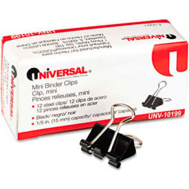 United Stationers Supply UNV10199 Universal® Mini Binder Clips, Steel Wire, 1/4" Capacity, 1/2" Wide, Black/Silver, Dozen image.