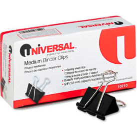 United Stationers Supply UNV10210 Universal® Medium Binder Clips, Steel Wire, 5/8" Cap., 1-1/4" Wide, Black/Silver, Dozen image.