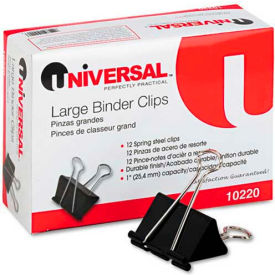 United Stationers Supply UNV10220 Universal® Large Binder Clips, Steel Wire, 1" Capacity, 2" Wide, Black/Silver, Dozen image.