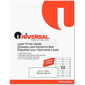 United Stationers Supply UNV80003 Universal® Laser Printer Permanent Labels, 1-1/3 x 4, White, 3500 Labels image.