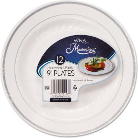 United Stationers Supply RSMP91210WS WNA® Masterpiece™ Plastic Plates, 9" Dia., White/Silver, Pack of 120 image.