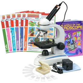 AmScope 40X-1000X Student Microscope with Glass Lens, Metal Frame, Camera, Slides, Book & Cards