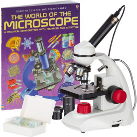 UNITED SCOPE LLC. M170C-R-PB10-WM-E AmScope 40X-1000X Dual LED Portable Compound Microscope with Camera, Slides & Book image.