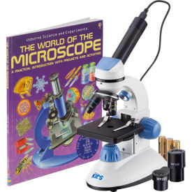 AmScope IQCrew 40X-1000X Dual Illumination Microscope with Digital Eyepiece & Book, Blue