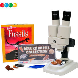 UNITED SCOPE LLC. SE102LED-18FOS-FSL-TW AmScope 20X-50X Kids Deluxe Stereo Microscope with Fossil Kit, Dual-Illumination image.