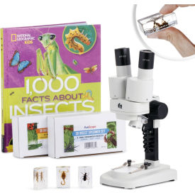 UNITED SCOPE LLC. SE102Z-BKI-INST23 AmScope 20X-50X Portable Stereo Microscope, 6-pc 3D Insect Specimen Kits, Book image.