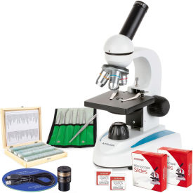 AmScope 40X-1000X Monocular Microscope, 1.3MP Digital Camera, 6-pc Tweezers, 100-pc Slide Set