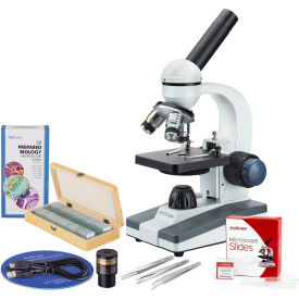 AmScope 40X-1000X Monocular Microscope, 1.3MP Digital Camera, 3-pc Tweezers Set & 50-pc Slide Set