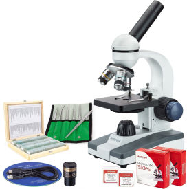 AmScope 40X-1000X Monocular Microscope, 1.3MP Digital Camera, 6-pc Tweezers Set & 100-pc Slide Set