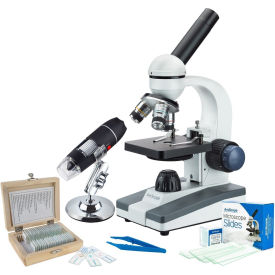 UNITED SCOPE LLC. VB-M150C-SLVR AmScope 40X-1000X Monocular Microscope, 25-pc Slides Set & Tweezers Plus USB Digital Microscope image.