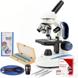 AmScope 40X-1000X Monocular Microscope, 5MP Digital Camera, 50-pc Slide Sets & 3-pc Tweezers Sets