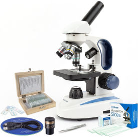 AmScope 40X-1000X Monocular Microscope, 1.3MP Digital Camera, 25-pc Slide Set & Precision Tweezers