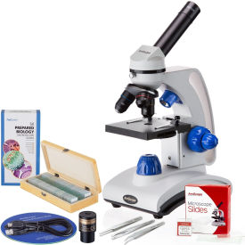 AmScope 40X-1000X Monocular Microscope, 1.3MP Digital Camera, 50-pc Slide Set & 3-pc Tweezers Set