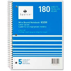 Sparco™ 5-Subject Notebook 8"" x 10-1/2"" College Ruled Bright White 180 Sheets/Pad