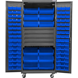 Global Industrial Configurable Mobile Drawer Cabinet 36Wx24Dx85H Gray 4 Drawers 108 Blue Bins 