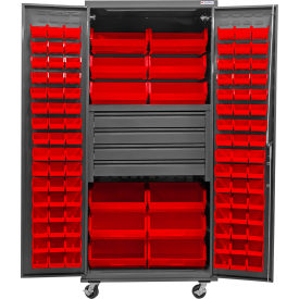 Global Industrial Configurable Mobile Drawer Cabinet Gray 36"Wx24"Dx85"H 4 Drawers 108 Red Bins 