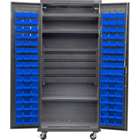 Global Industrial Configurable Mobile Bin Cabinet36x24x85Gray4 Shelf4 Drawers96 Blue Bins 