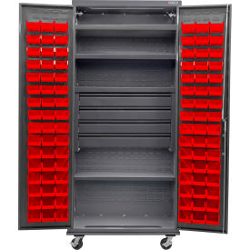 Global Industrial Configurable Mobile Bin Cabinet36x24x85Gray4 Shelf4 Drawers96 Red Bins 