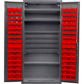 Global Industrial Configurable Drawer Cabinet 36"x24"x78" Gray 4 Shelf 4 Drawers 96 Red Bins 