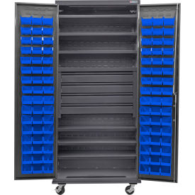Global Industrial Configurable Mobile Bin Cabinet36x24x85Gray6 Shelf4 Drawers96 Blue Bins 