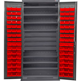 Global Industrial Configurable Drawer Cabinet36"Wx24"Dx78"HGray6 Shelf4 Drawers96 Red Bins 