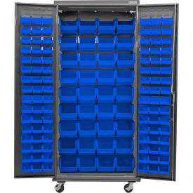 Global Industrial Configurable Mobile Bin Cabinet 36"W x 24"D x 85"H Gray 132 Blue Bins 