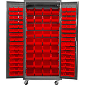 Global Industrial Configurable Mobile Bin Cabinet 36"W x 24"D x 85"H Gray 132 Red Bins 