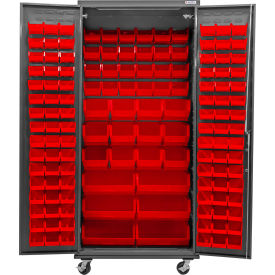 Global Industrial Configurable Mobile Bin Cabinet 36"W x 24"D x 85"H Gray 138 Red Bins 