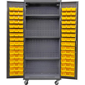 Global Industrial Configurable Mobile Bin & Shelf Cabinet 36x24x85 Gray 3 Shelf 96 Yellow Bins 
