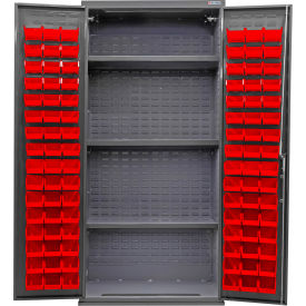 Global Industrial Configurable Bin & Shelf Cabinet 36Wx24Dx78H Gray 3 Shelf 96 Red Bins 