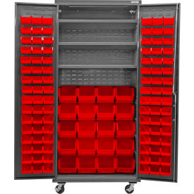 Global Industrial Configurable Mobile Bin Cabinet Gray 36"Wx24"Dx85"H 3 Shelf 120 Red Bins 